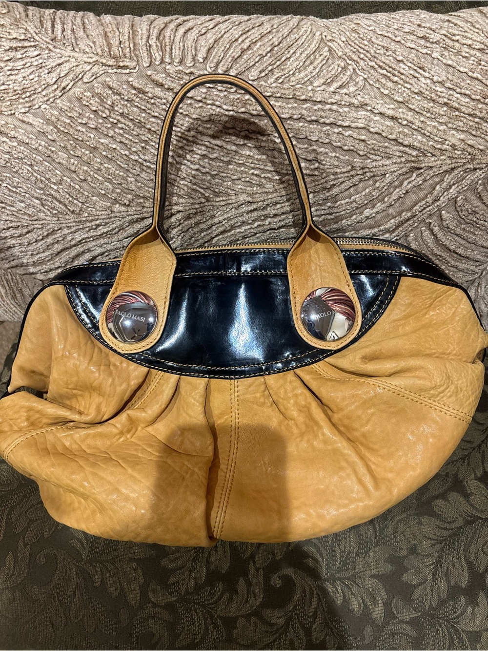 Paolo Masi Two-Tone Tan and Black Leather Shoulder Bag with Logo Discs
